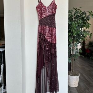 Pink and Black Asymmetrical Cocktail Gown with Spaghetti Straps